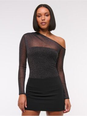 Abercrombie Long-Sleeve Asymmetrical Draped Mesh Bodysuit in Black Shimmer